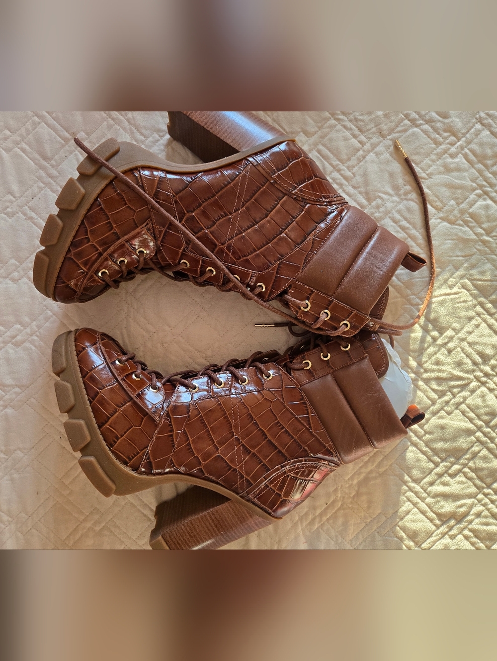 Michael Kors Brown Croc-Embossed Lace-Up Block Heel Boots